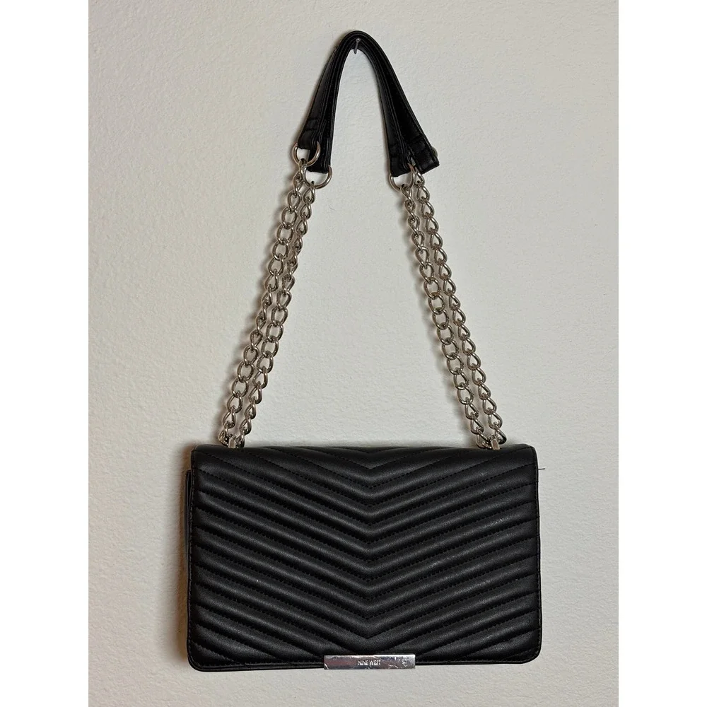 Nine West Black Quilted Chevron Shoulder Bag Silver Chain Strap Flap Handbag